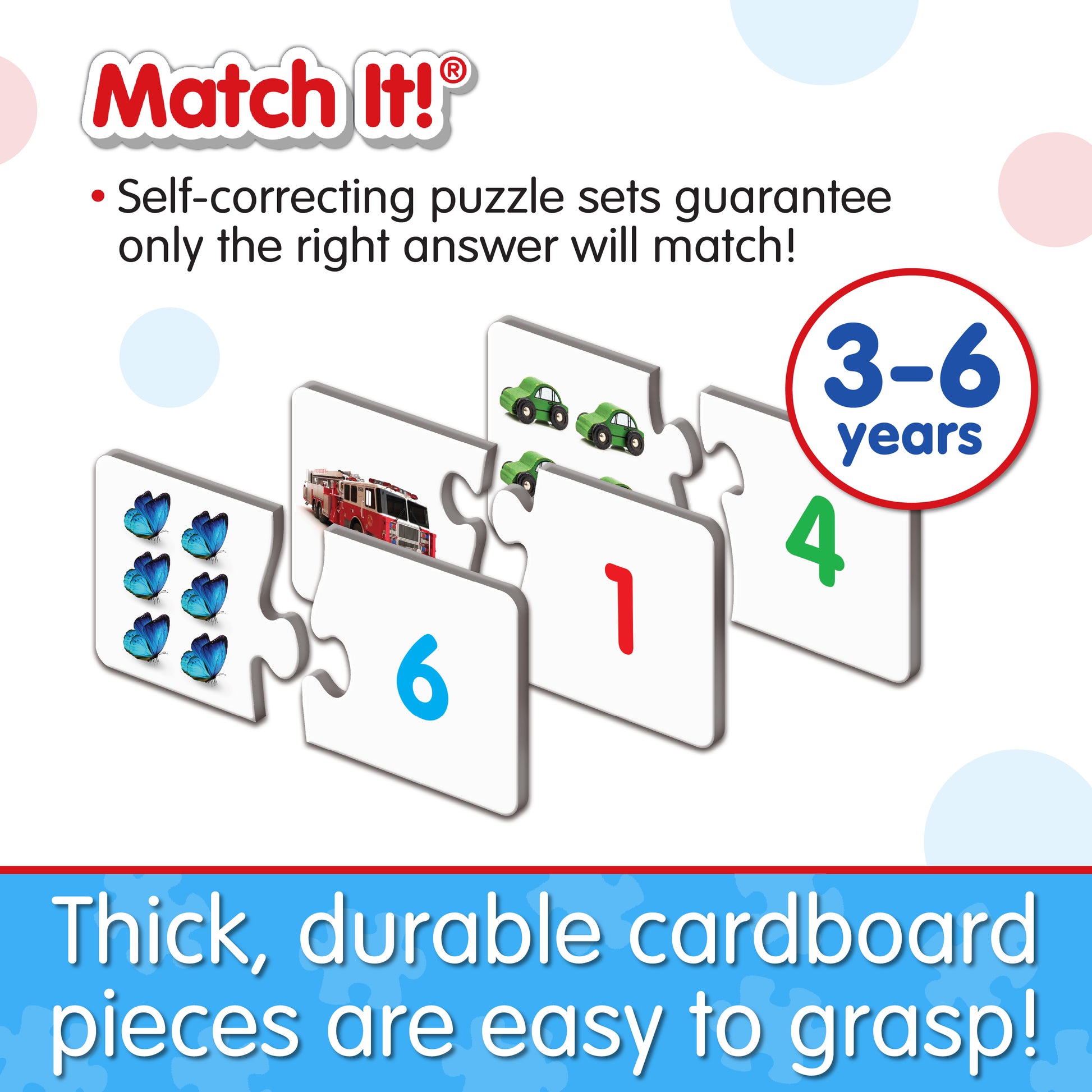 Infographic about Match It - Counting's features that says, "Thick, durable cardboard pieces are easy to grasp!"